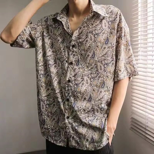 Men's Vintage Fashion Paisley Print Luxury High Street Button Down Shirt Summer Casual Short Sleeve Loose Tops Camisas De Hombre