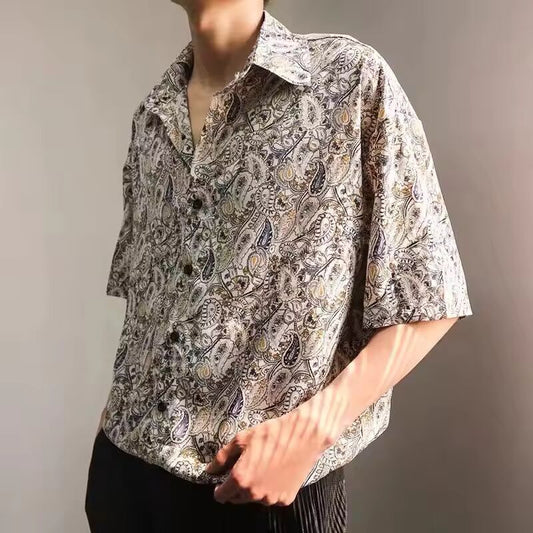 Men's Vintage Fashion Paisley Print Luxury High Street Button Down Shirt Summer Casual Short Sleeve Loose Tops Camisas De Hombre
