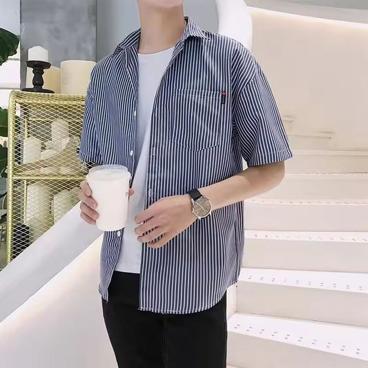 Short-sleeved Shirt Men's Summer Short-sleeved Korean Casual Loose Striped Half-sleeved White Harajuku Style Men's Shirt