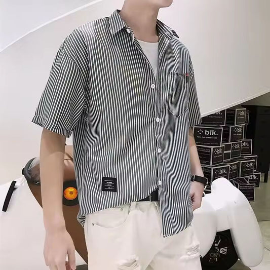 Short-sleeved Shirt Men's Summer Short-sleeved Korean Casual Loose Striped Half-sleeved White Harajuku Style Men's Shirt
