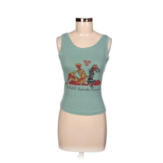 Roberto Cavalli Vintage Y2K Graphic Tank Top Green Stretch Cartoon Print Y2K Designer Sleeveless Tee Size Universal