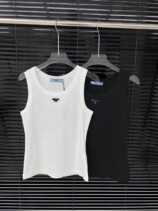 Vintage Prada Tank Top – Designer-Inspired Black & White Sleeveless Shirt with Logo Detail